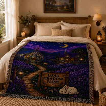 Personalized lavender farm woven blanket styled across a warm rustic bedroom bed