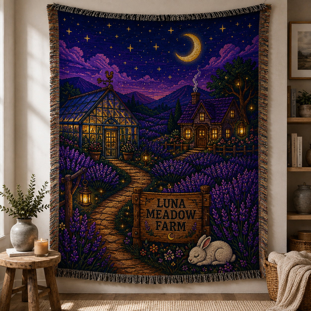 Personalized moonlit lavender farm woven blanket displayed as full textile wall art