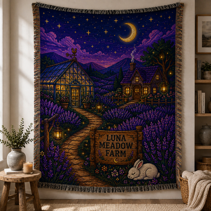 Personalized moonlit lavender farm woven blanket displayed as full textile wall art