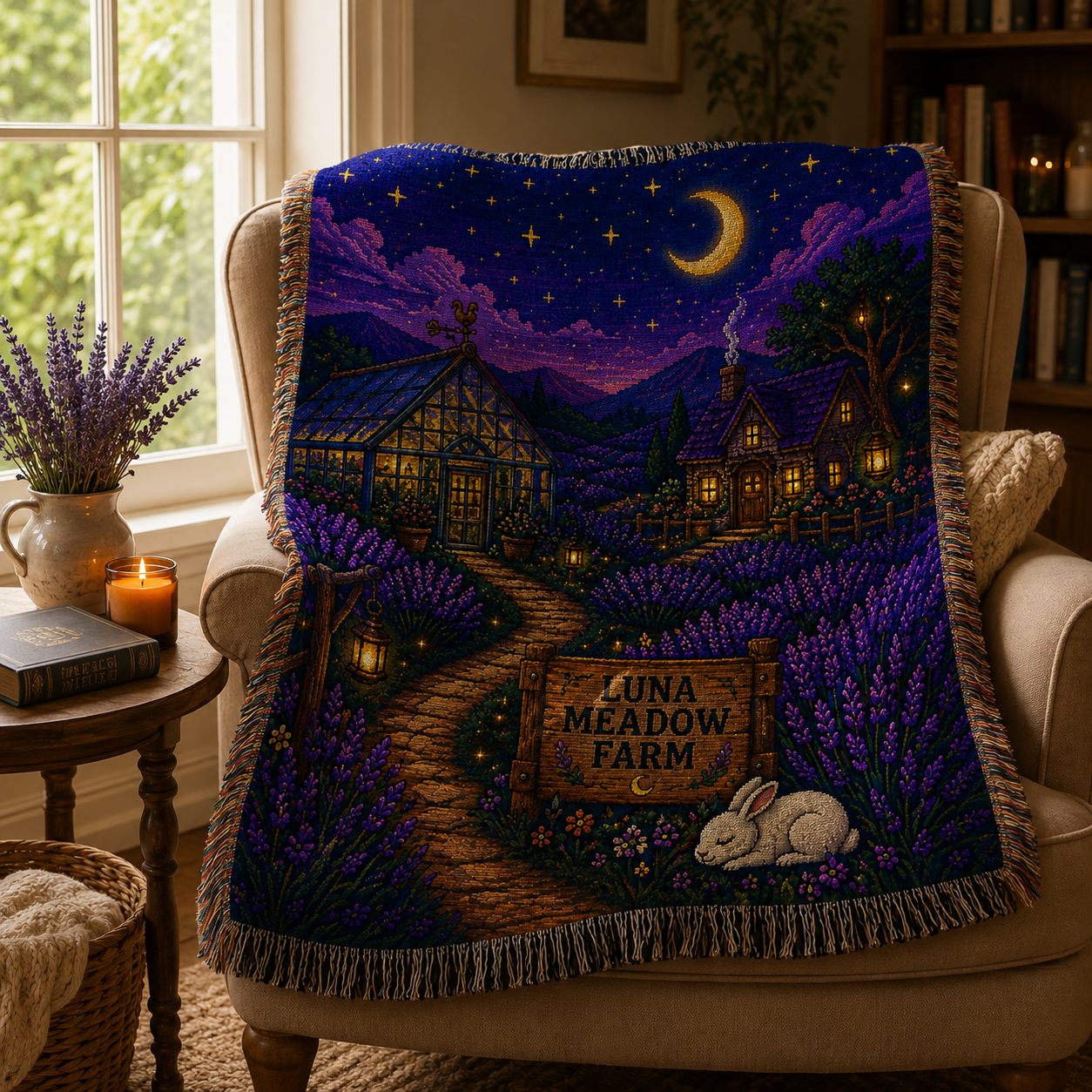 Personalized lavender farm woven blanket displayed on an armchair in a cozy reading nook