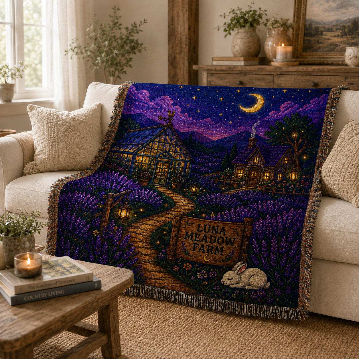 Moonlit lavender farm woven blanket draped over a cream sofa in a cozy cottage room