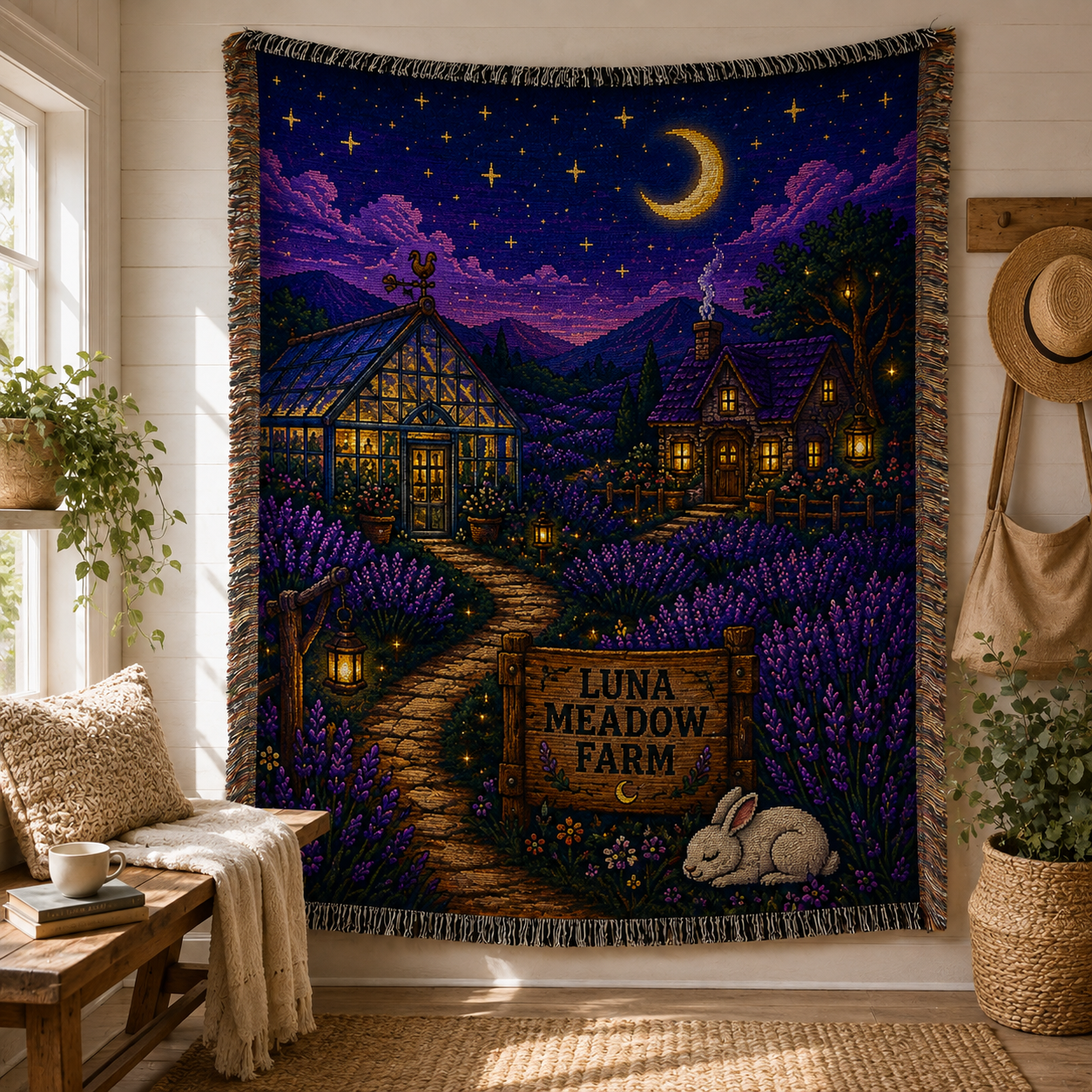 Moonlit lavender farm woven blanket displayed on a bright cottage wall