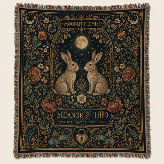 Personalized Moonlit Promise rabbit wedding woven blanket with custom couple names, moon, floral botanical border and fringe
