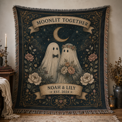 Personalized Moonlit Together ghost couple woven blanket with custom names and established year