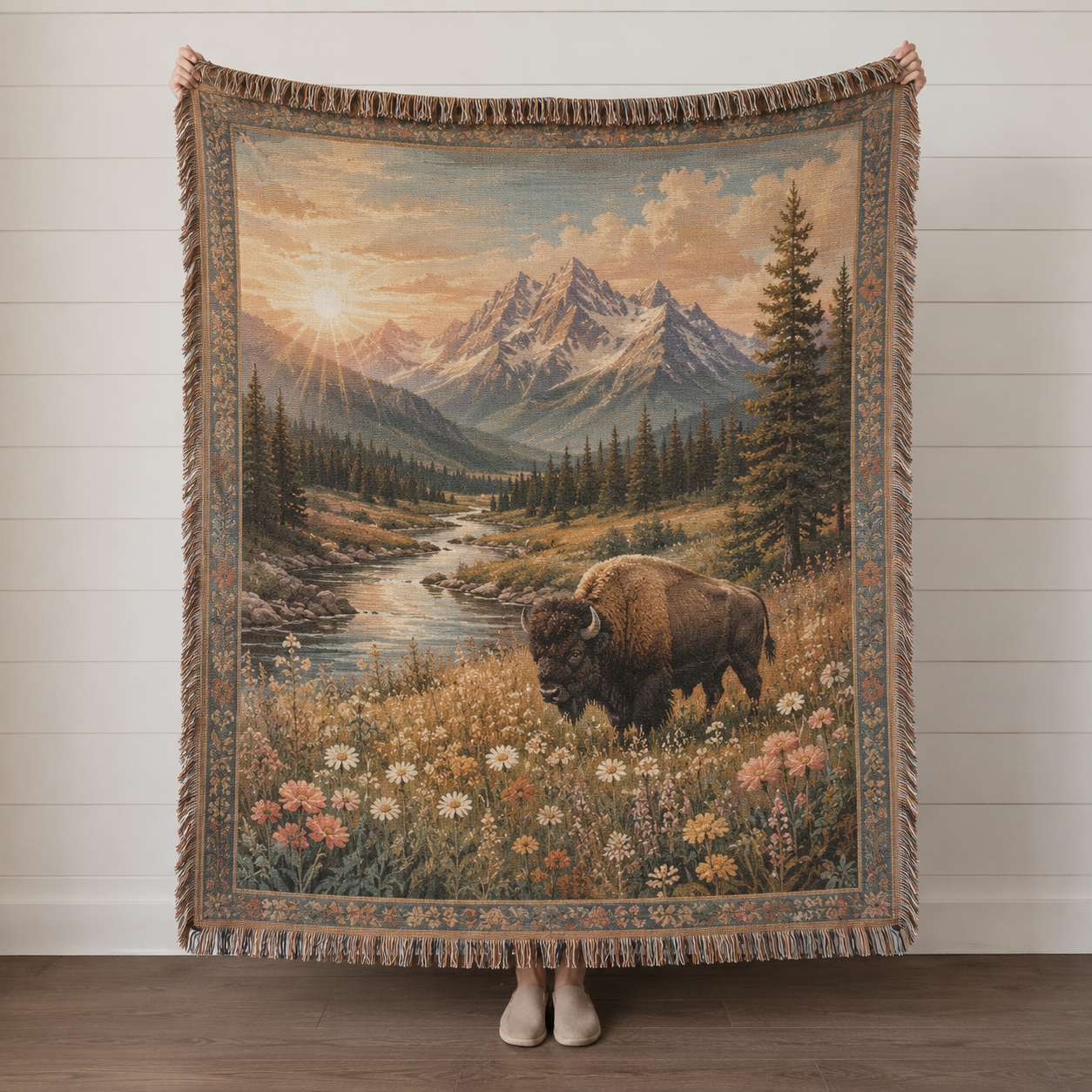 Personalized mountain bison woven blanket displayed full front view