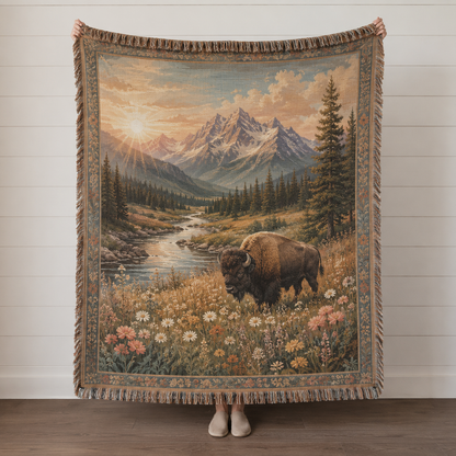 Personalized mountain bison woven blanket displayed full front view