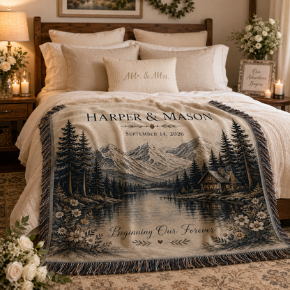 Personalized mountain lake wedding woven blanket styled across a romantic bedroom bed