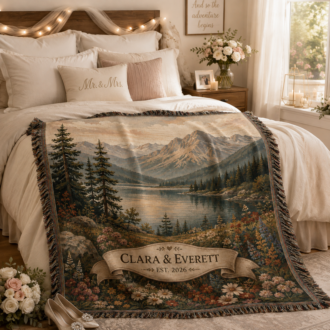 Personalized mountain lake wedding woven blanket styled across a romantic bedroom bed