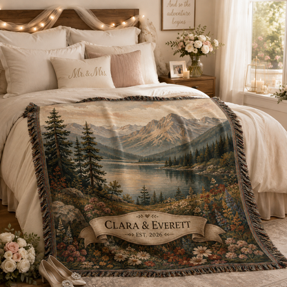 Personalized mountain lake wedding woven blanket styled across a romantic bedroom bed