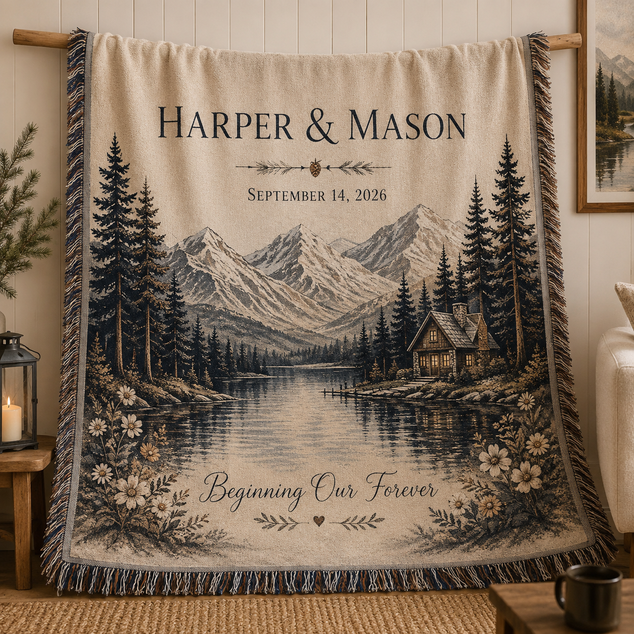 Personalized mountain lake wedding woven blanket with custom couple names and date