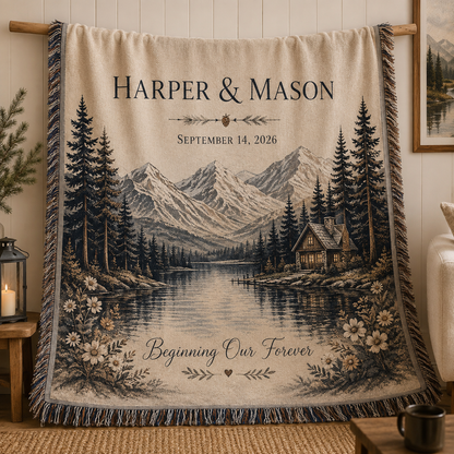 Personalized mountain lake wedding woven blanket with custom couple names and date