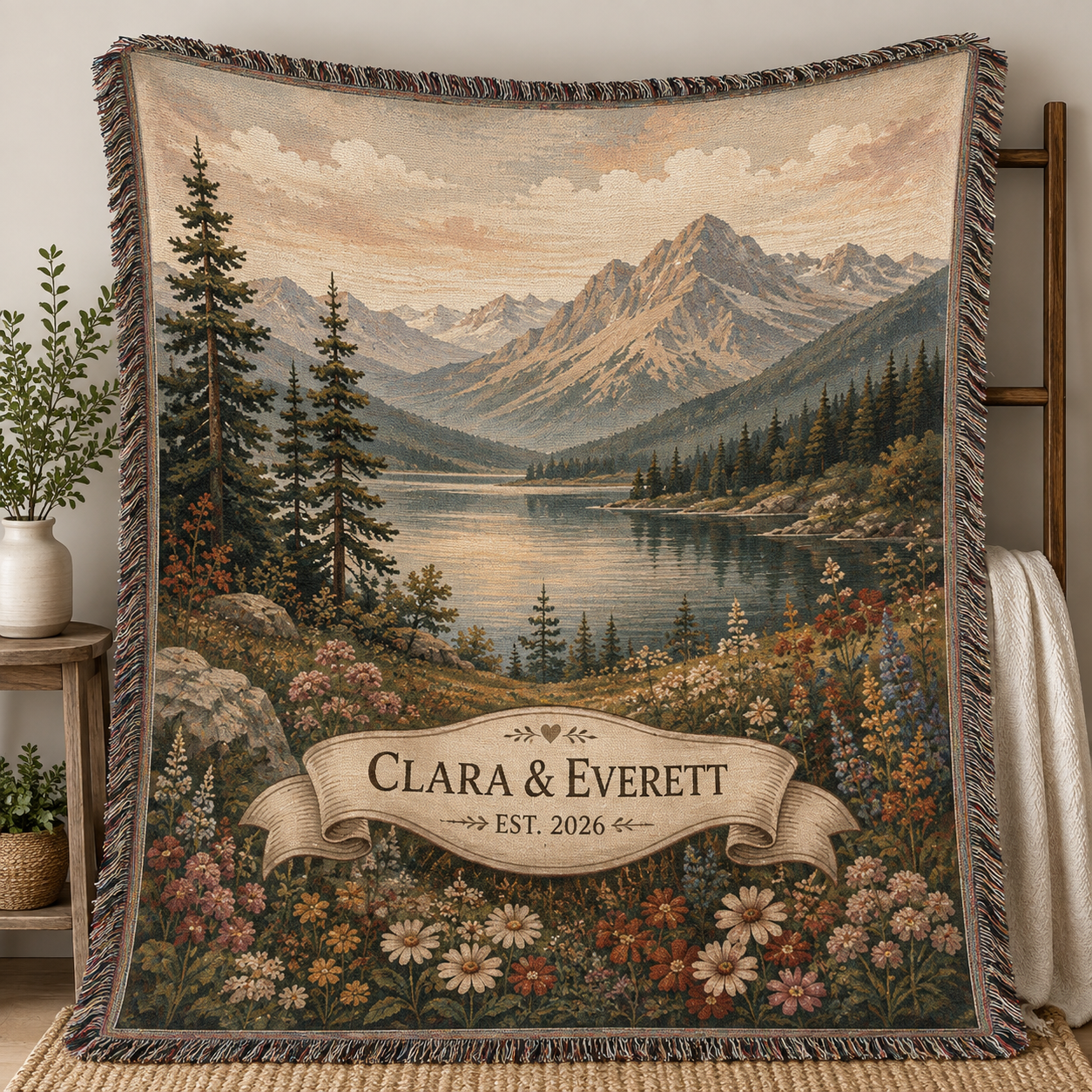 Personalized mountain lake wedding woven blanket with custom couple names and established year