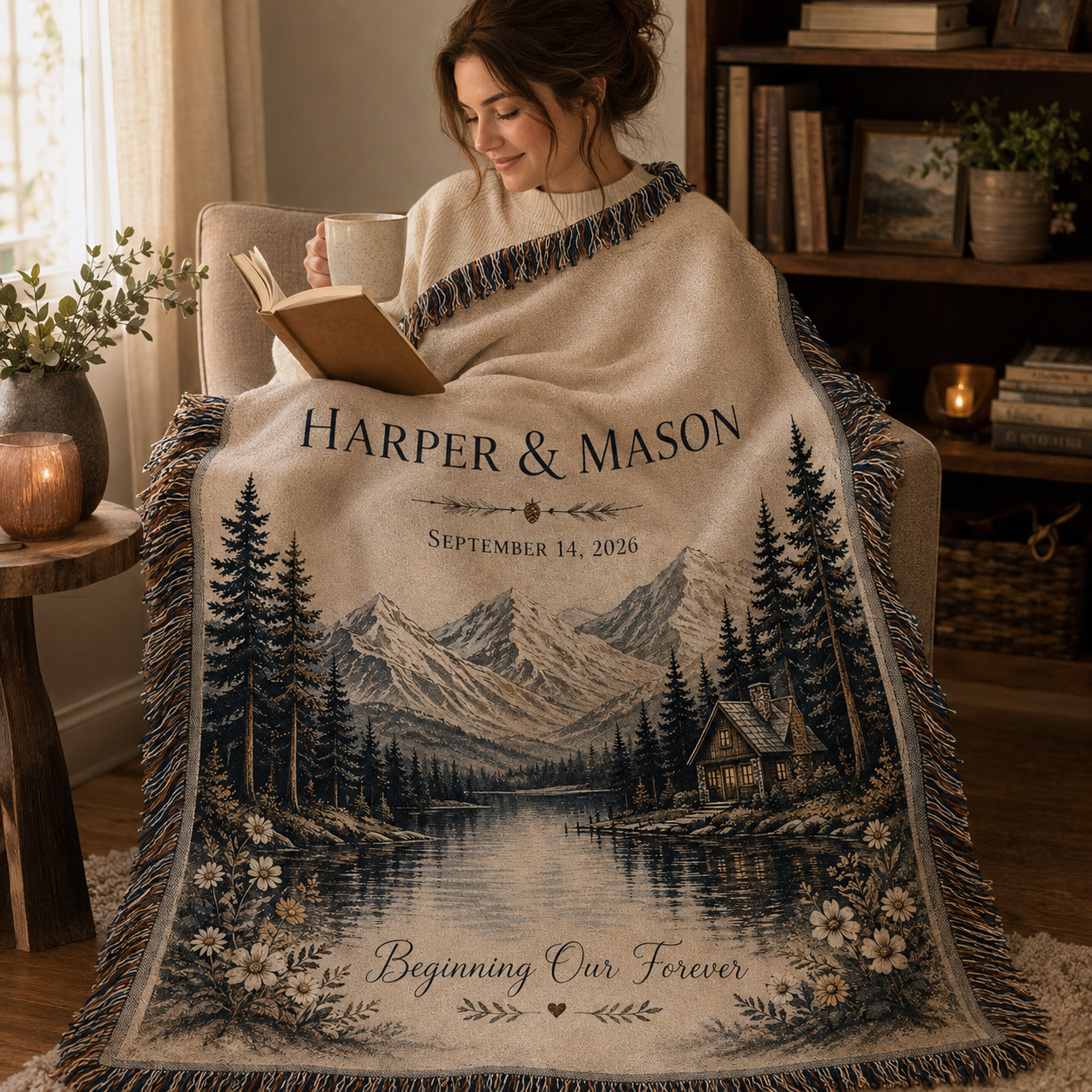 Personalized mountain lake wedding woven blanket used in a cozy reading nook