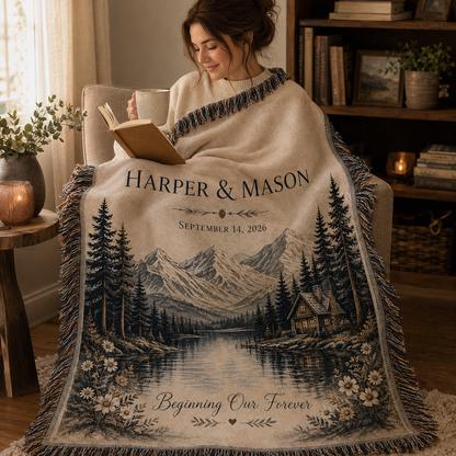 Personalized mountain lake wedding woven blanket used in a cozy reading nook