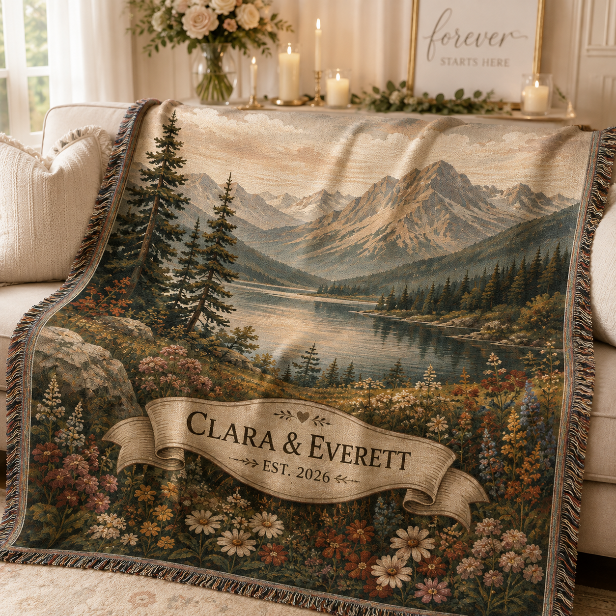 Personalized mountain lake wedding woven blanket softly draped on a neutral sofa