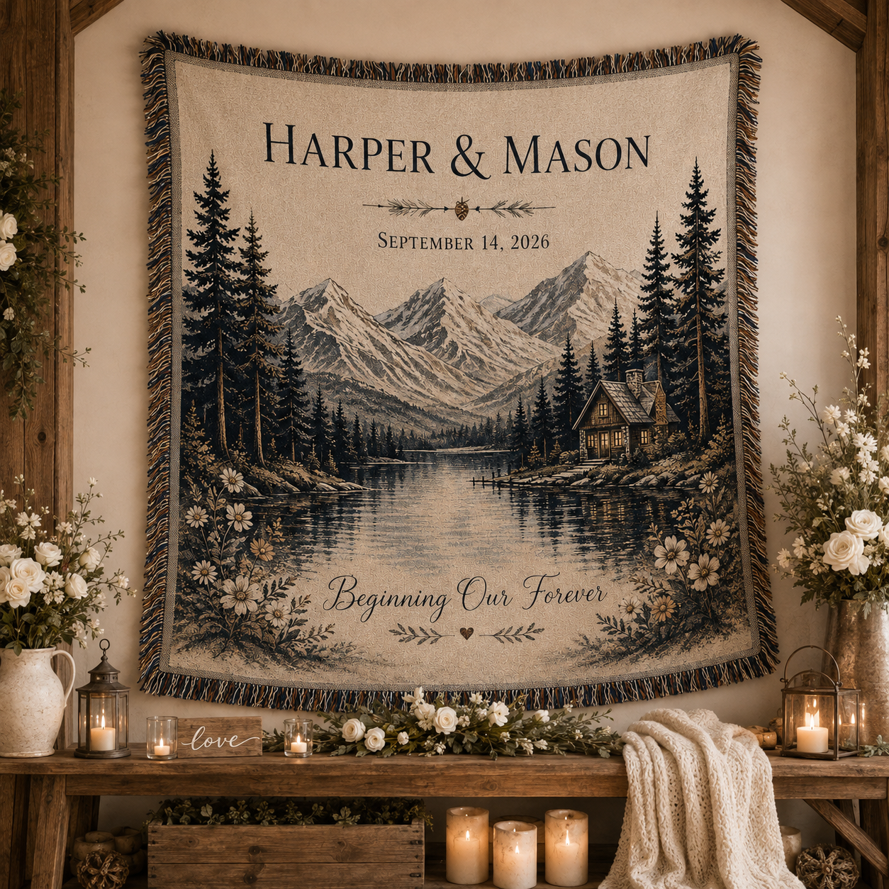 Personalized mountain lake wedding woven blanket displayed as rustic wall decor