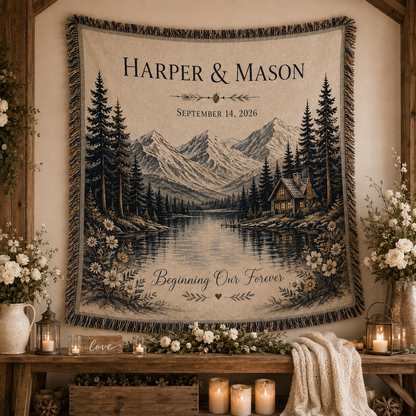 Personalized mountain lake wedding woven blanket displayed as rustic wall decor