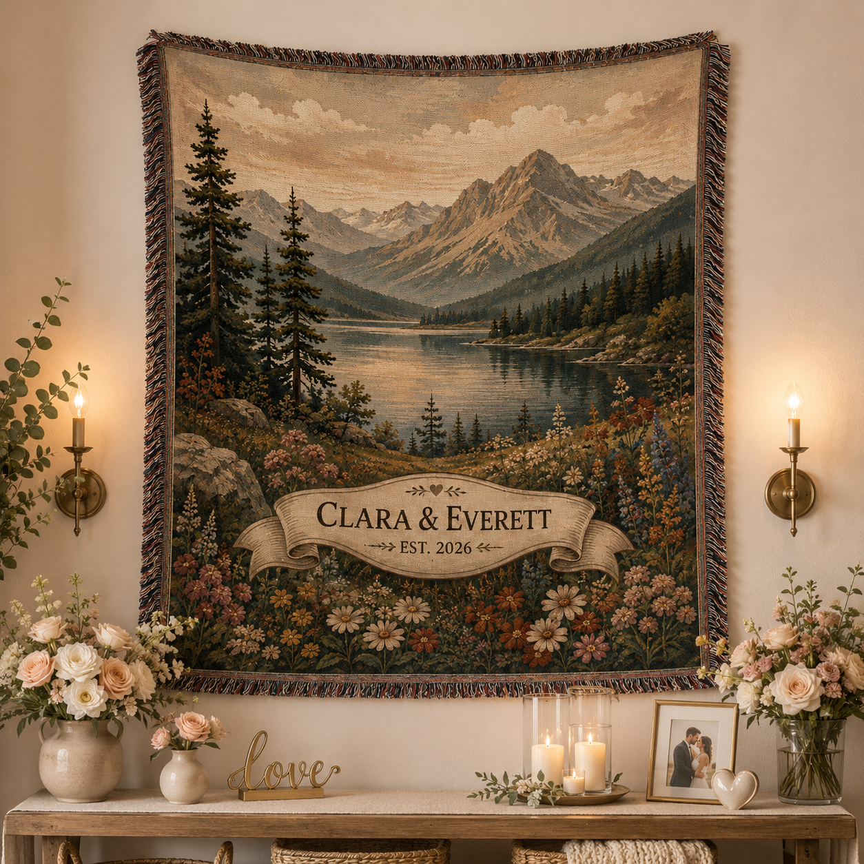 Personalized mountain lake wedding woven blanket displayed as romantic wall decor