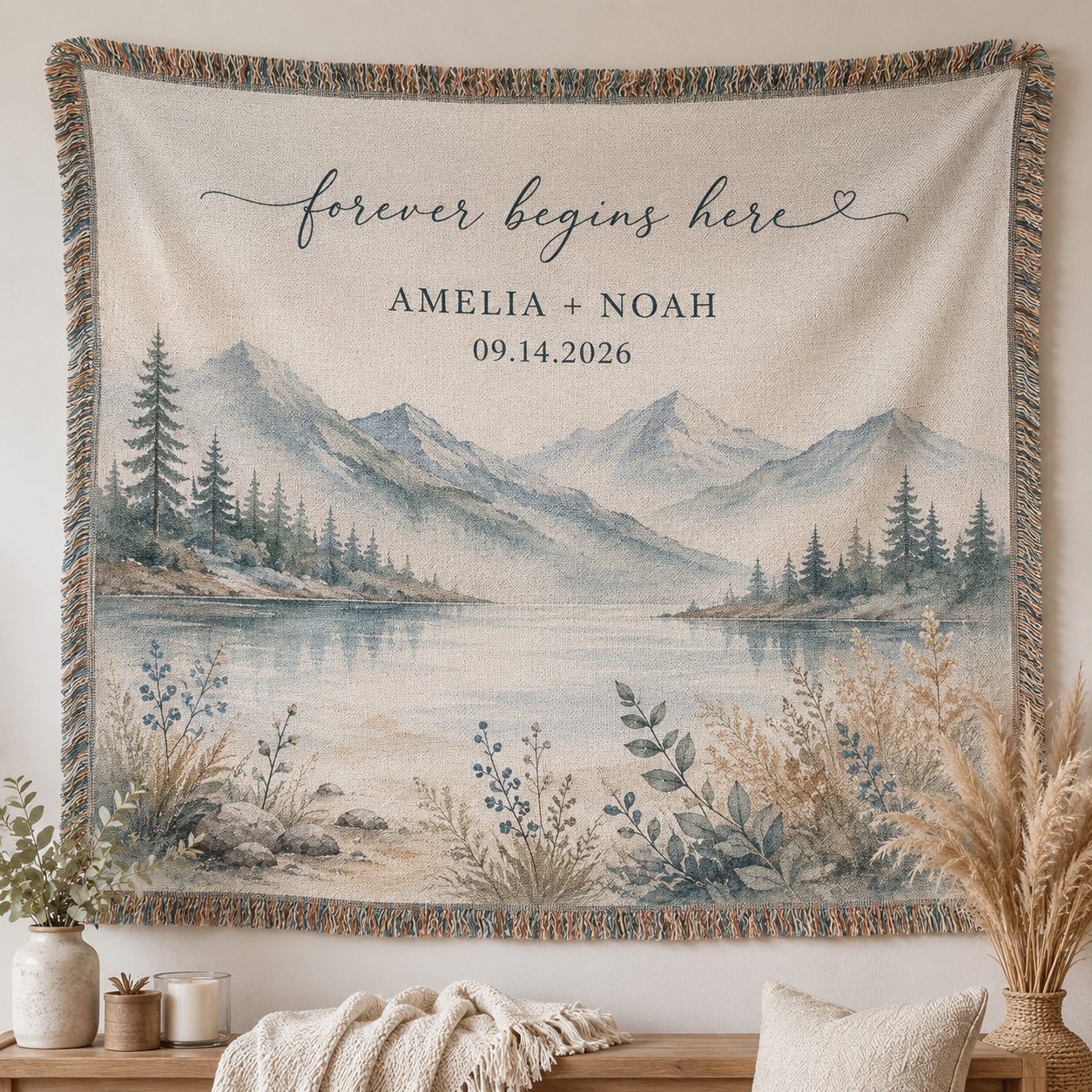 Personalized mountain lake woven blanket full design view