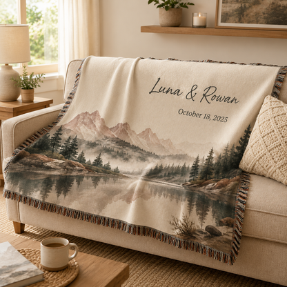 Personalized mountain lake woven blanket draped over a beige sofa with custom names and anniversary date