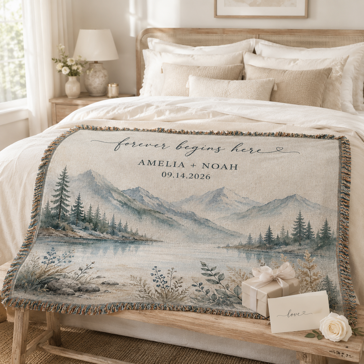Personalized mountain lake woven blanket styled on a cozy bedroom bed