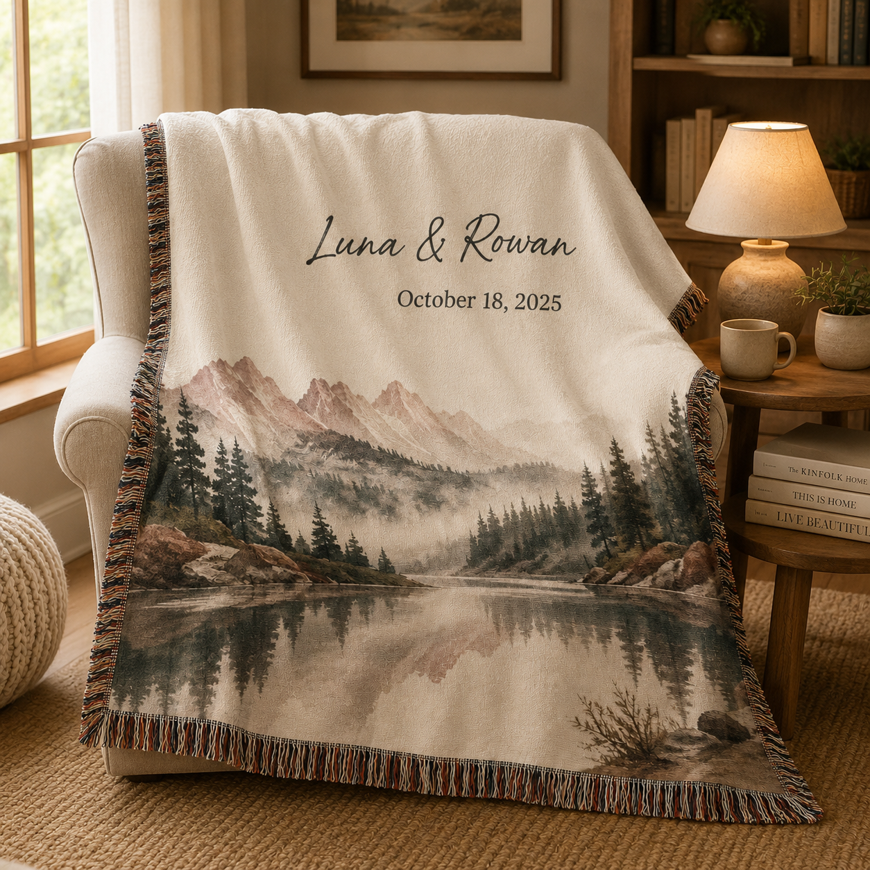 Personalized mountain lake woven blanket with custom couple names displayed in a cozy reading nook