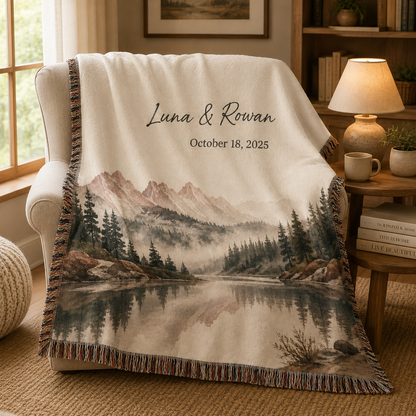 Personalized mountain lake woven blanket with custom couple names displayed in a cozy reading nook