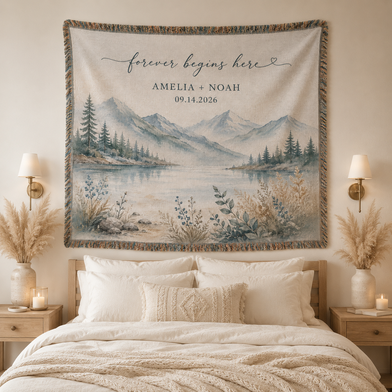 Personalized mountain lake woven blanket displayed as bedroom wall tapestry