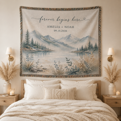 Personalized mountain lake woven blanket displayed as bedroom wall tapestry