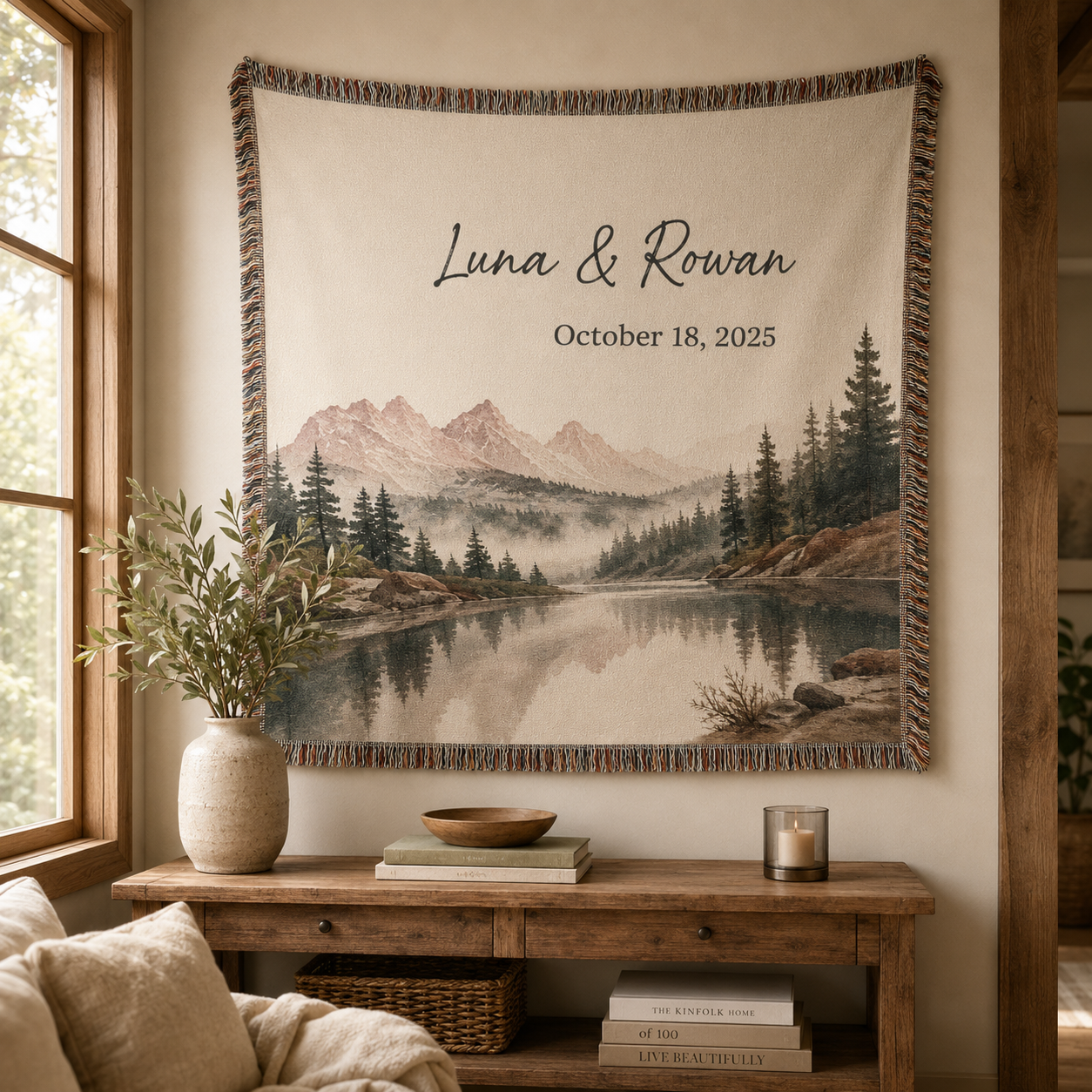 Personalized mountain lake woven blanket displayed as wall tapestry with custom names and special date