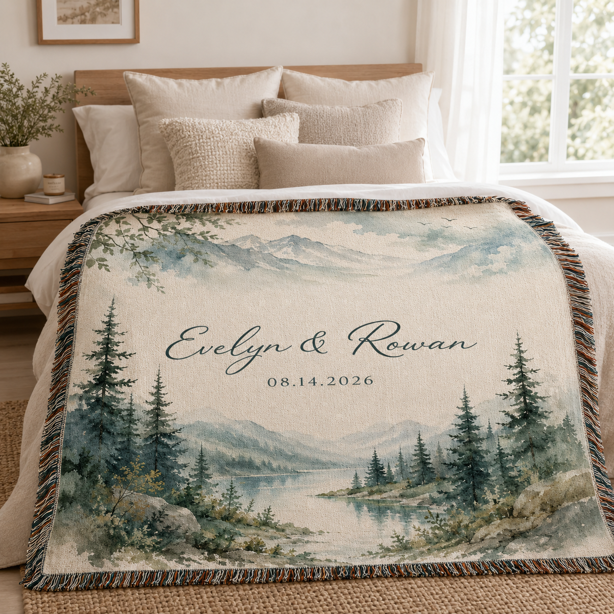Personalized mountain lake woven blanket styled across a bright cozy bedroom bed