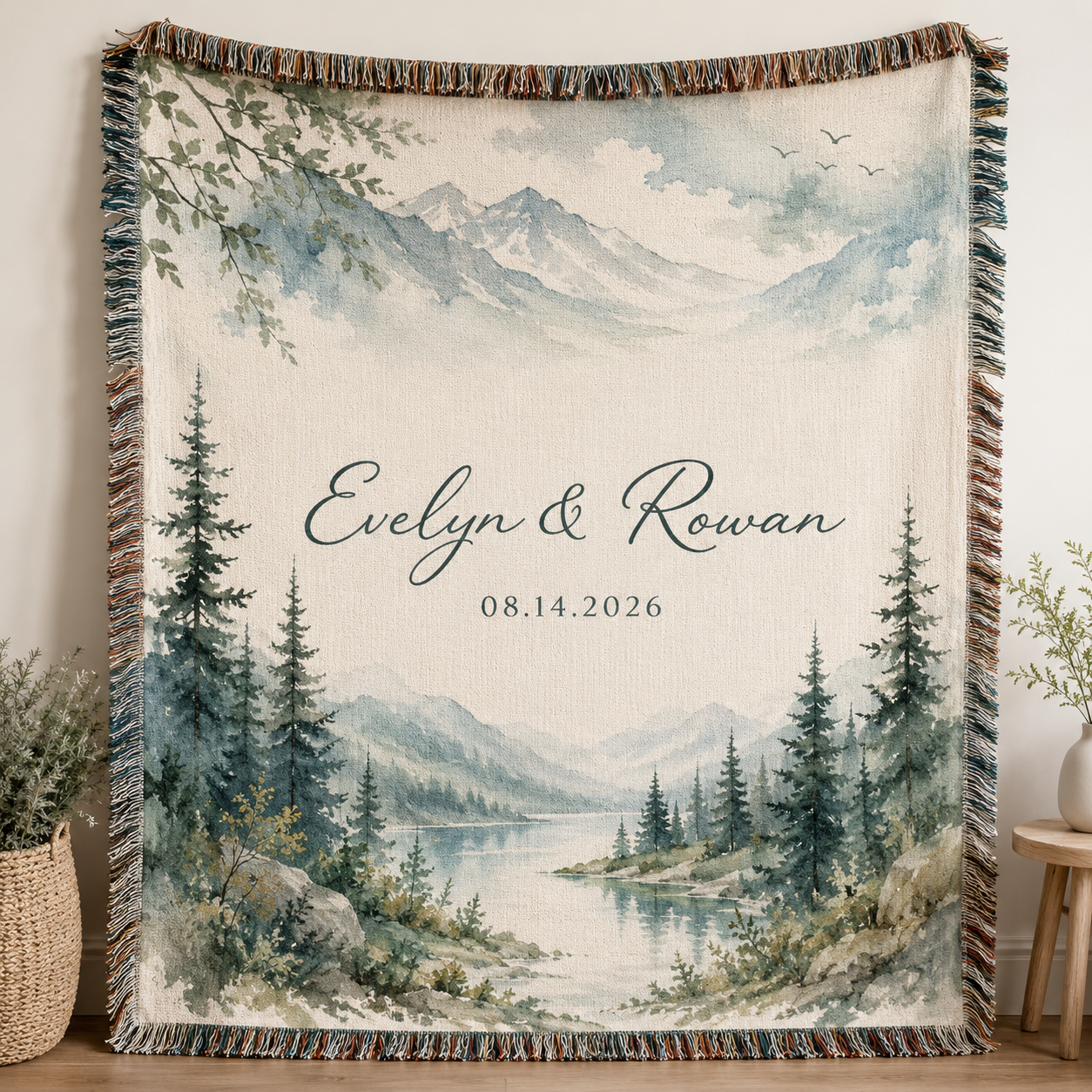 Personalized mountain lake woven blanket with custom couple names and date