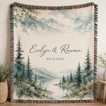 Personalized mountain lake woven blanket with custom couple names and date