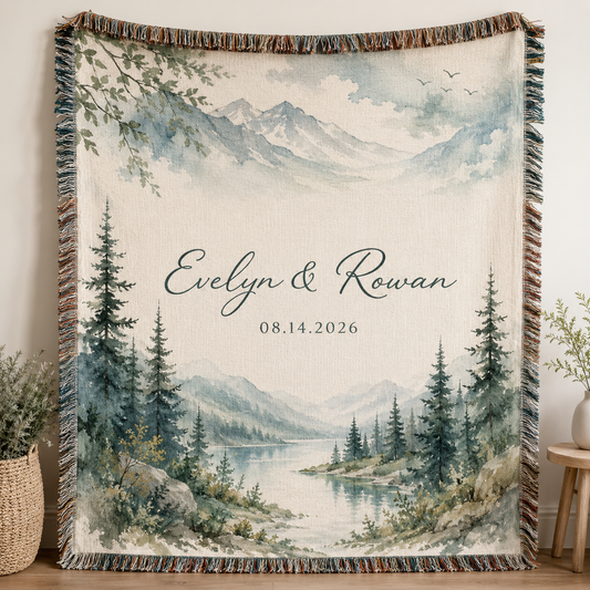 Personalized mountain lake woven blanket with custom couple names and date