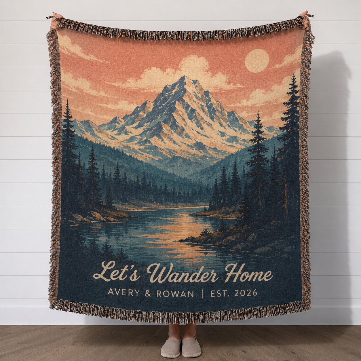 Personalized mountain lake woven blanket with custom couple names and established year