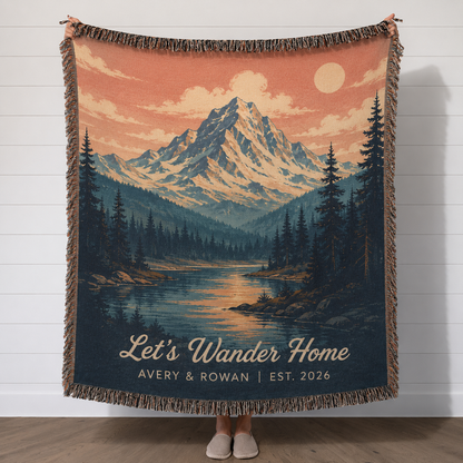 Personalized mountain lake woven blanket with custom couple names and established year