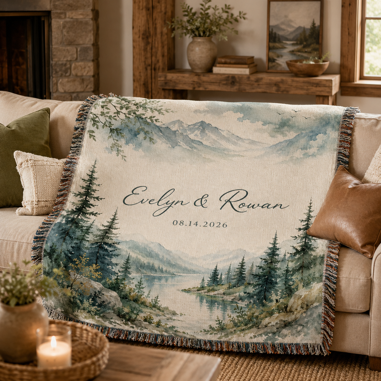 Personalized mountain lake woven blanket draped over a rustic modern living room sofa