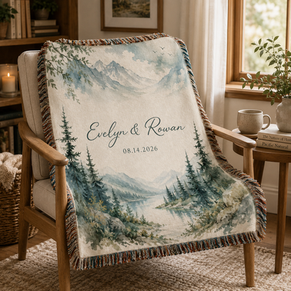 Personalized mountain lake woven blanket displayed on a cozy wooden reading chair