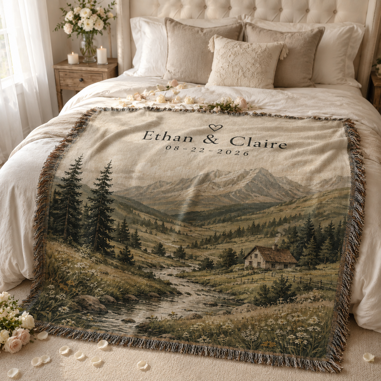 Personalized mountain valley wedding woven blanket styled across a romantic bedroom bed