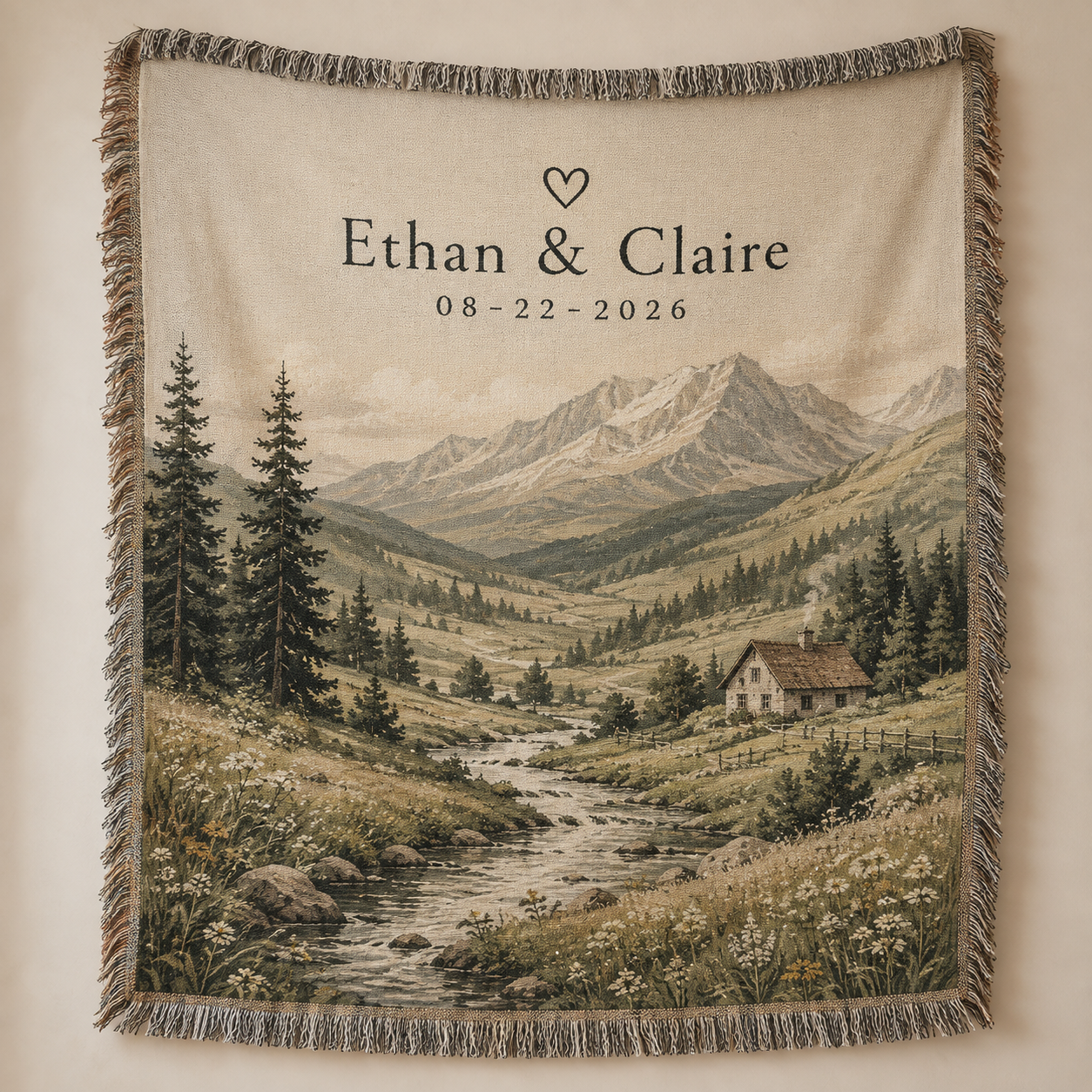 Personalized mountain valley wedding woven blanket with custom couple names Ethan and Claire and wedding date
