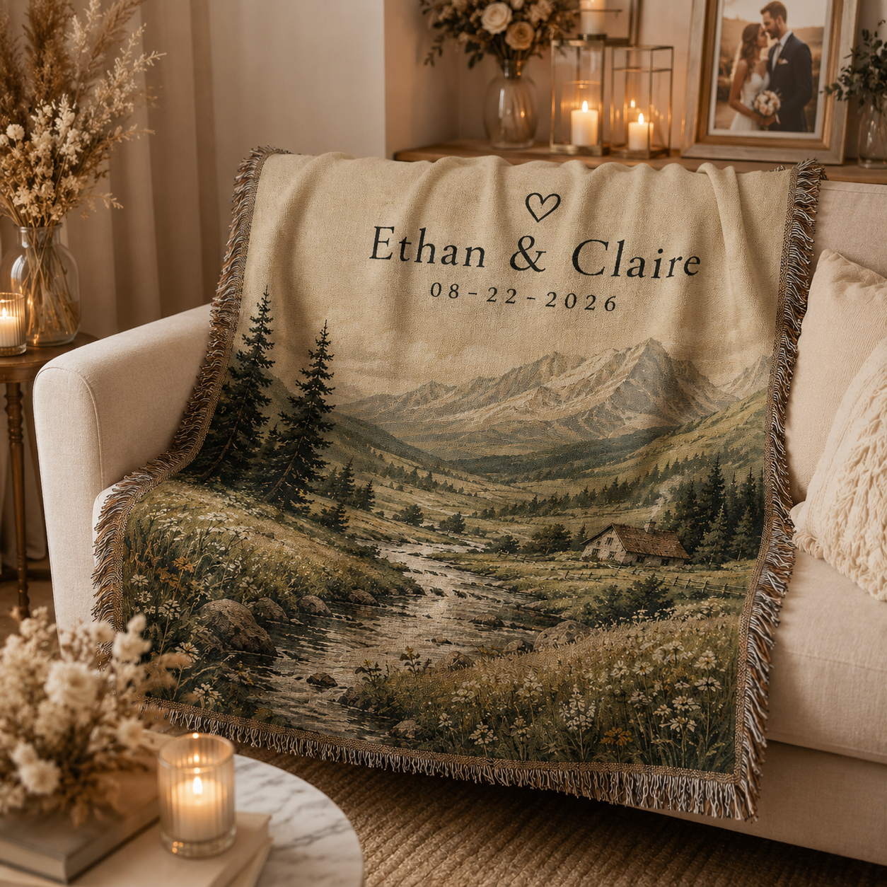 Personalized mountain valley wedding woven blanket softly draped on a neutral sofa