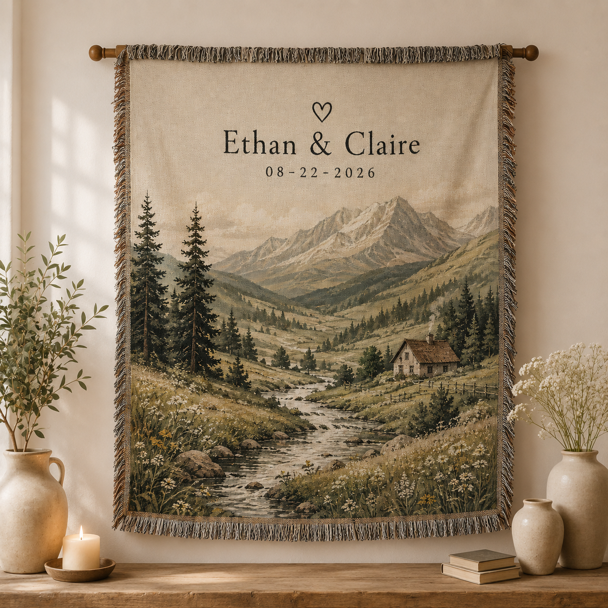 Personalized mountain valley wedding woven blanket displayed as romantic wall decor