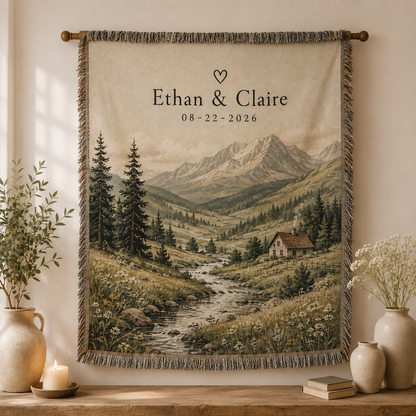 Personalized mountain valley wedding woven blanket displayed as romantic wall decor