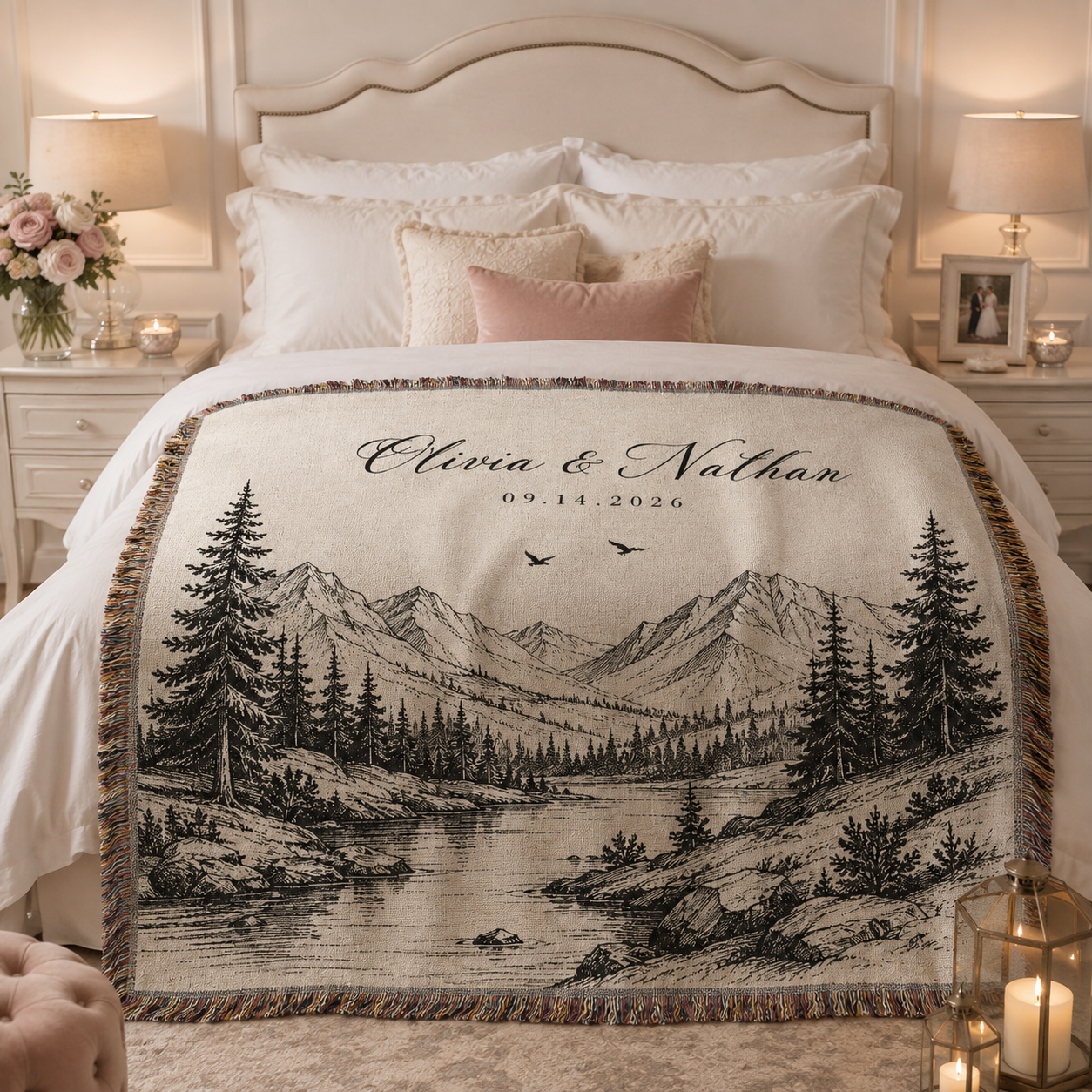 Personalized mountain wedding woven blanket styled across a romantic bedroom bed