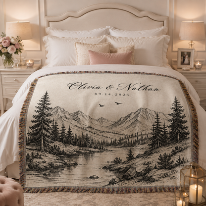 Personalized mountain wedding woven blanket styled across a romantic bedroom bed
