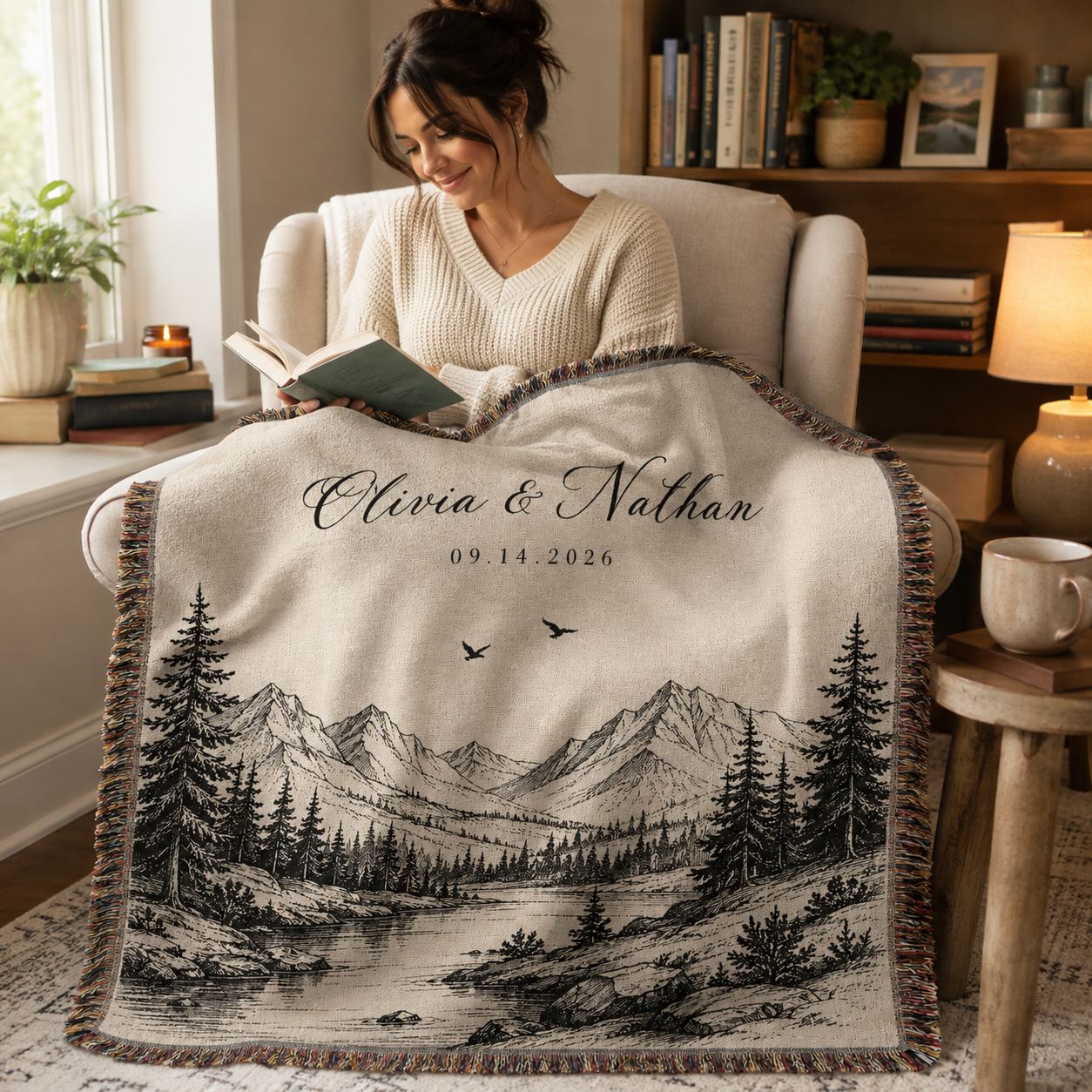Personalized mountain wedding woven blanket used in a cozy reading nook