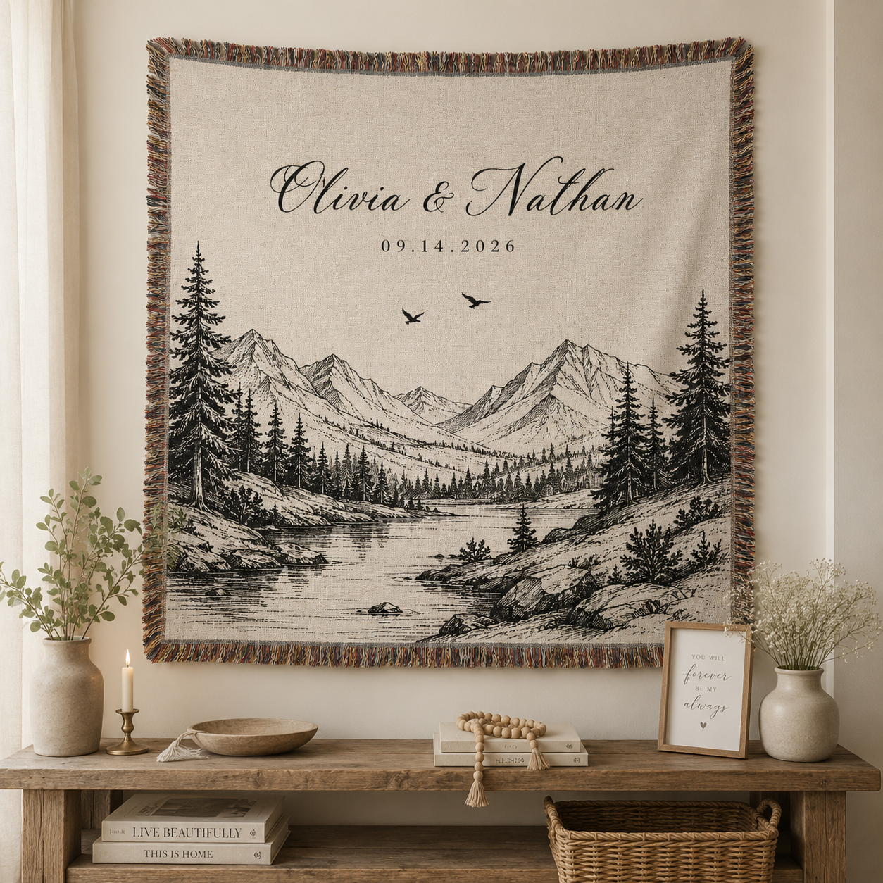 Personalized mountain wedding woven blanket displayed as romantic wall decor