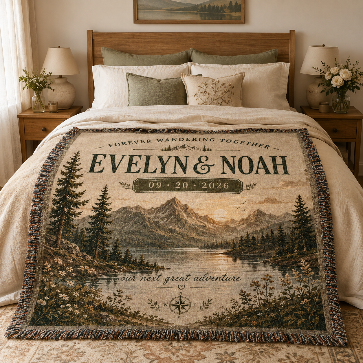 Personalized mountain wedding woven blanket styled across a romantic bedroom bed