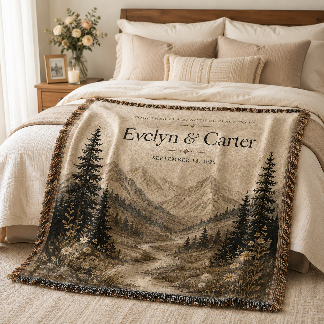 Personalized mountain wedding woven blanket styled across a cozy neutral bedroom bed with custom names and date