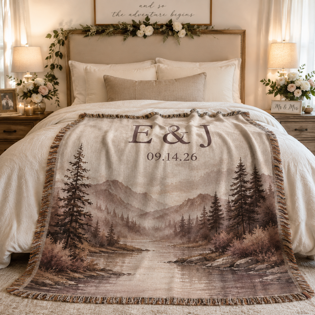 Personalized mountain lake wedding woven blanket styled across a romantic bedroom